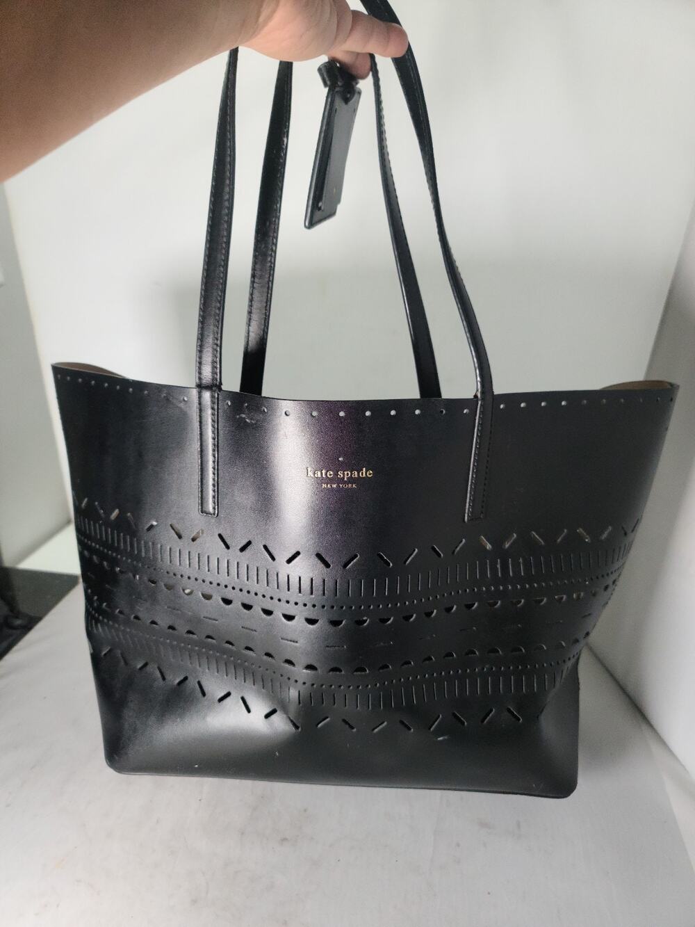 Kate Spade Lillian Court Tote Laser Cut Hand Bag Black Leather Large